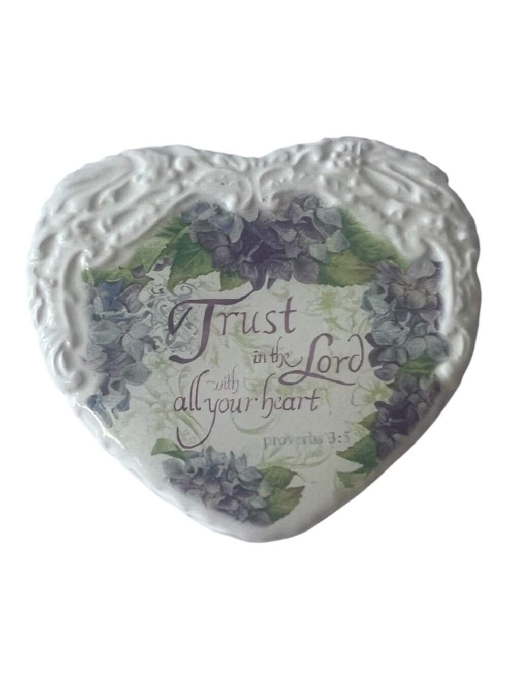 Trust in the Lord Ceramic Heart Paperweight Proverbs 3 5 Floral 3 X 3 in